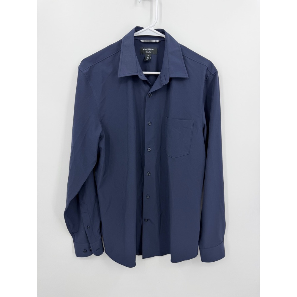 Nordstrom Trim Fit Button Down Shirt Mens Medium Blue‎ Long Sleeve Stretch Tech